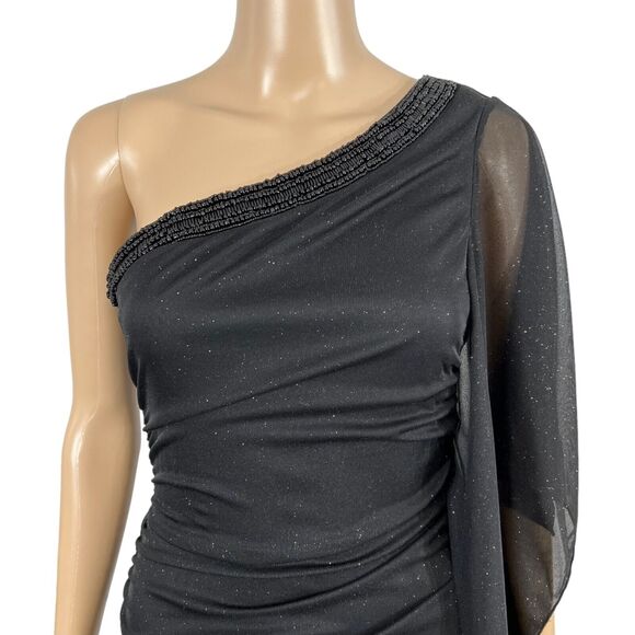 Body Central Womens Mini Dress One Shoulder Drape Sleeve Bodycon Glittery Small - Picture 2 of 10